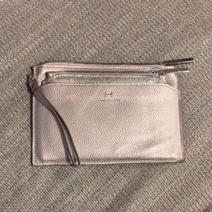 Halston Silver Clutch, Textured Leather, 4 compartments, 2 Zippered Closures